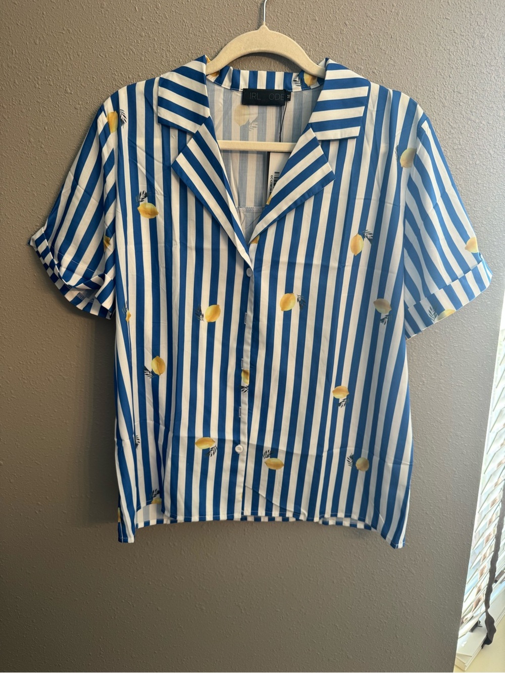 Ladies Blue & White Striped Lemon Print Short-Sleeve Shirt with matching shorts